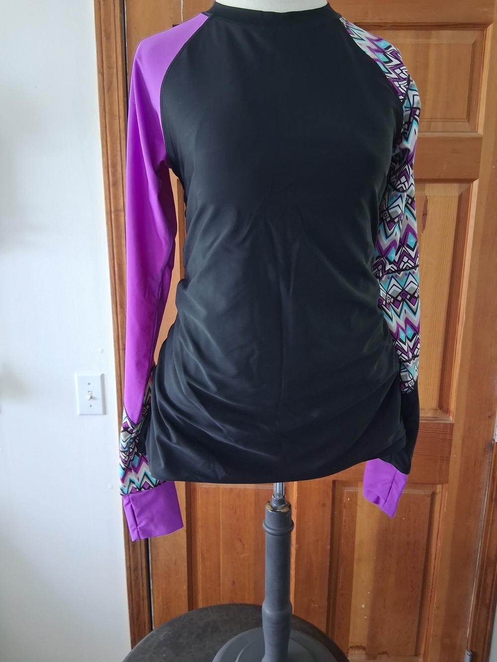Black Long-Sleeve Performance Top with Purple & Patterned Sleeves